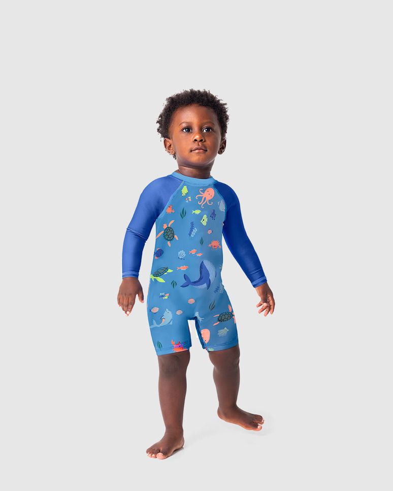 Macacão Praia Infantil Unissex Estampado Em Malha UV50+ Malwee Kids