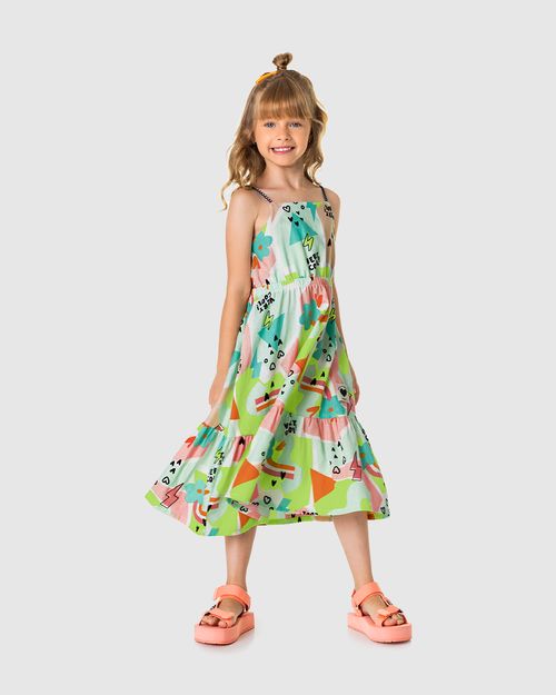 Vestido Infantil Midi Estampado Alça Fina Em Viscolinho Malwee Kids