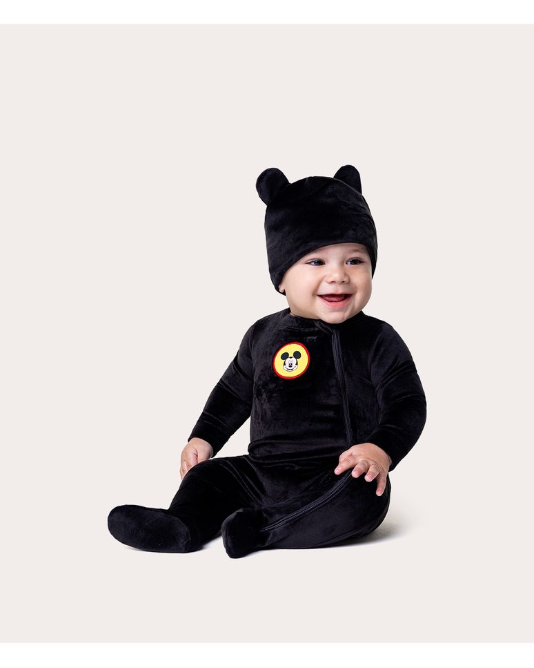 Macacão Bebê Com Touca Mickey Mouse Disney® Em Malha Plush Malwee Kids