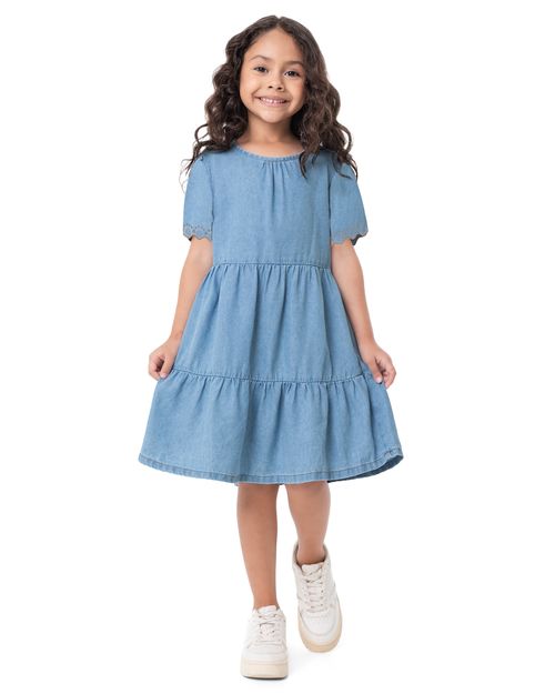 Vestido Menina Manga Com Bordado Laser Em Jeans Leve - Carinhoso