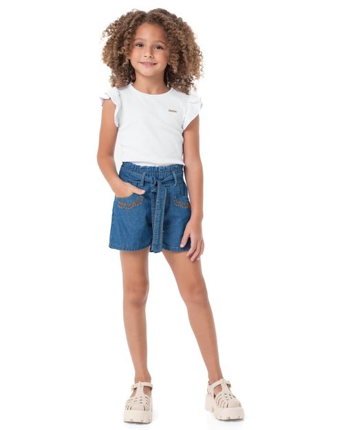 Conjunto Menina Shorts Com Cinto Faixa Em Jeans Leve - Carinhoso