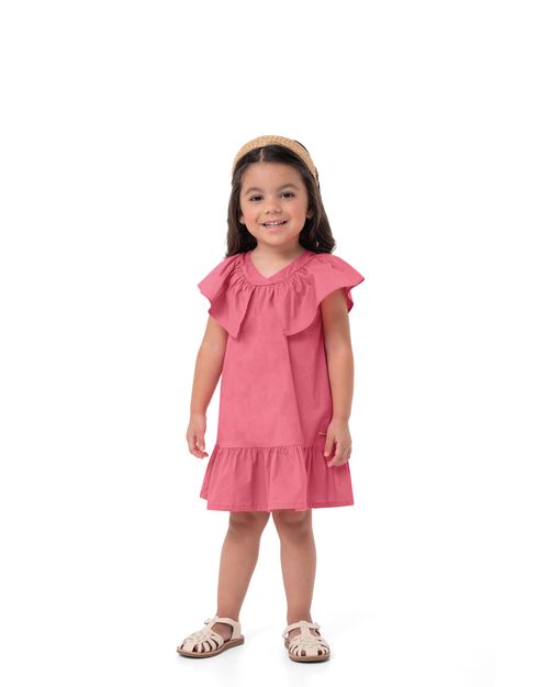 Vestido Menina Decote V Com Babado Em Algodão Stretch - Carinhoso