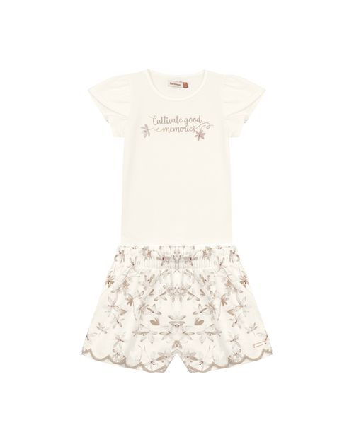 Conjunto Menina Shorts Bordado Laser Em Algodão Texturizado - Carinhoso
