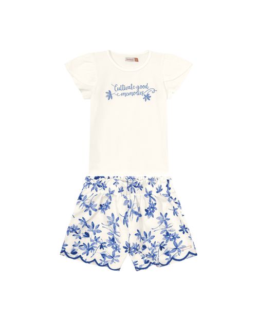 Conjunto Menina Shorts Bordado Laser Em Algodão Texturizado - Carinhoso