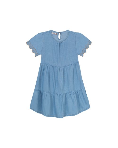 Vestido Menina Manga Com Bordado Laser Em Jeans Leve - Carinhoso