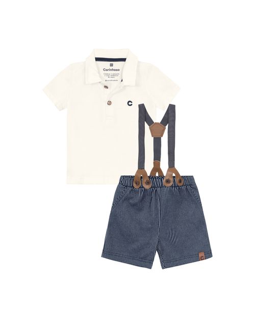Conjunto Menino Bermuda Em Malha Canelada Listrada - Carinhoso