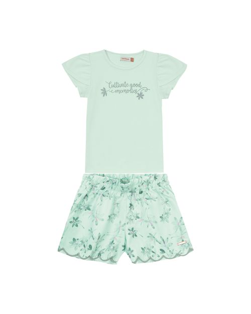 Conjunto Menina Shorts Bordado Laser Em Algodão Texturizado - Carinhoso