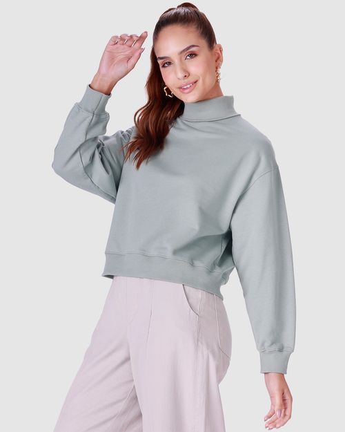 Blusão Básico Feminino Gola Alta Manga Longa Em Moletom Flanelado