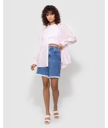 Camisa Feminina Ampla Manga Longa Estampa Quadriculada - ENFIM