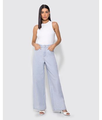Calça Wide Leg Feminina Bolsos Funcionais Em Jeans 100% Algodão - ENFIM
