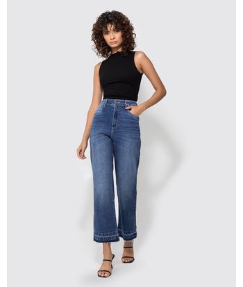 Calça Feminina Reta Cropped Barra Desfiada Em Jeans Com Elastano - ENFIM