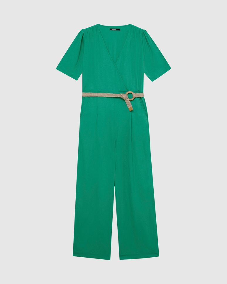 Macacão Feminino Gola V Com Cinto Em Viscolinho