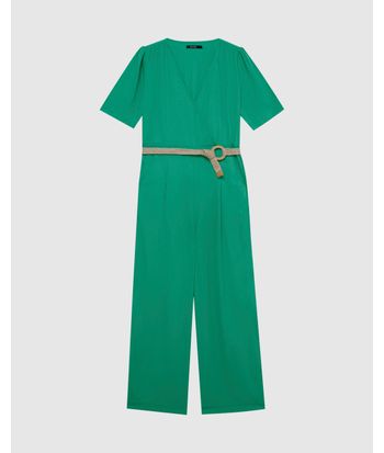 Macacão Feminino Gola V Com Cinto Em Viscolinho