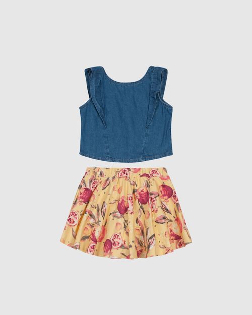 Conjunto Menina Em Jeans Leve e Saia Acetinada - Carinhoso