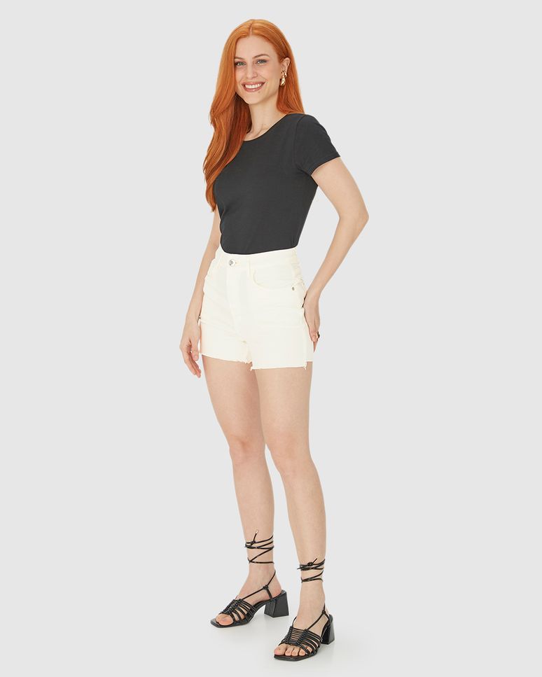 Shorts Feminino Cintura Alta Em Sarja Com Elastano
