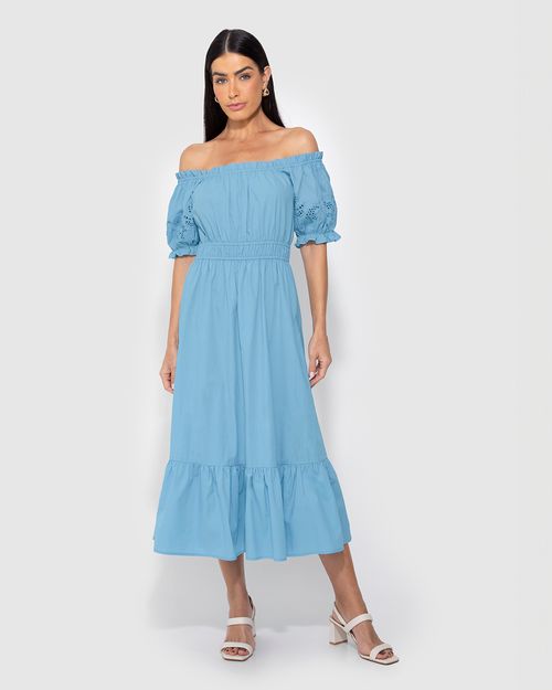 Vestido Midi Feminino Manga Com Bordado Em Tricoline - ENFIM