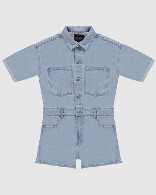Macaquinho Feminino Com Bolso Frontal Em Jeans 100% Algodão - ENFIM