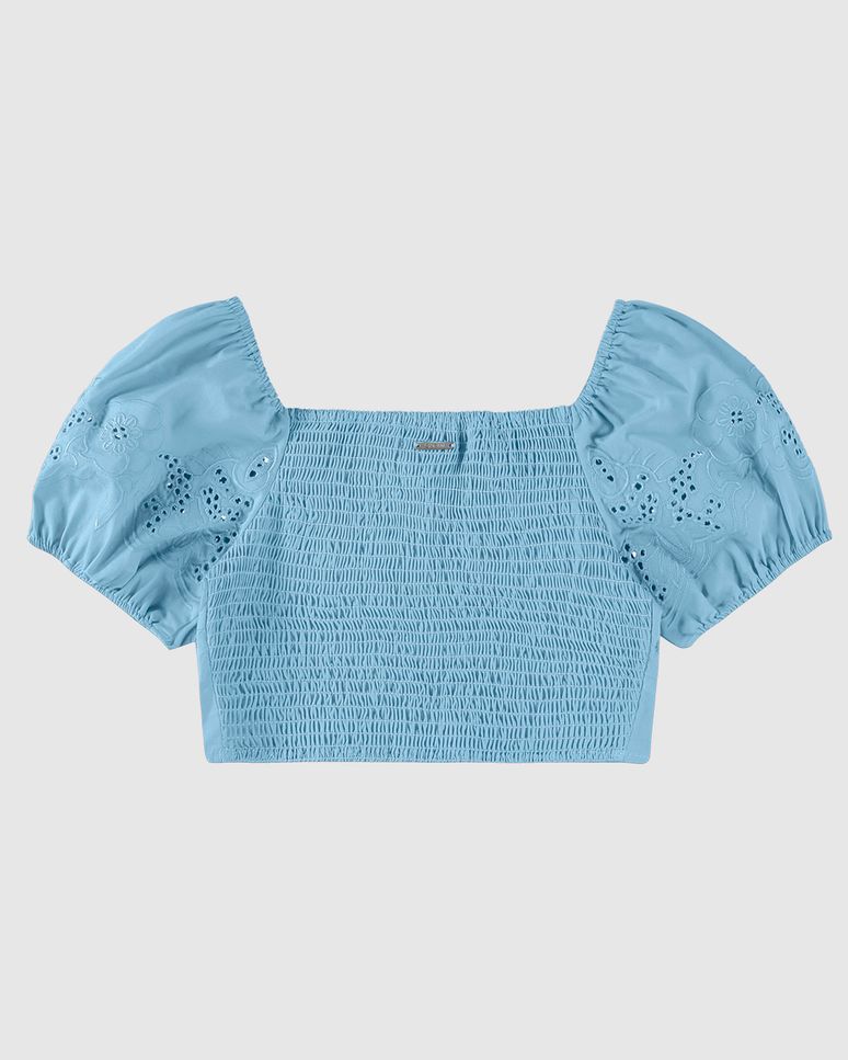 Blusa Cropped Feminina Manga Com Bordado Em Tricoline - ENFIM