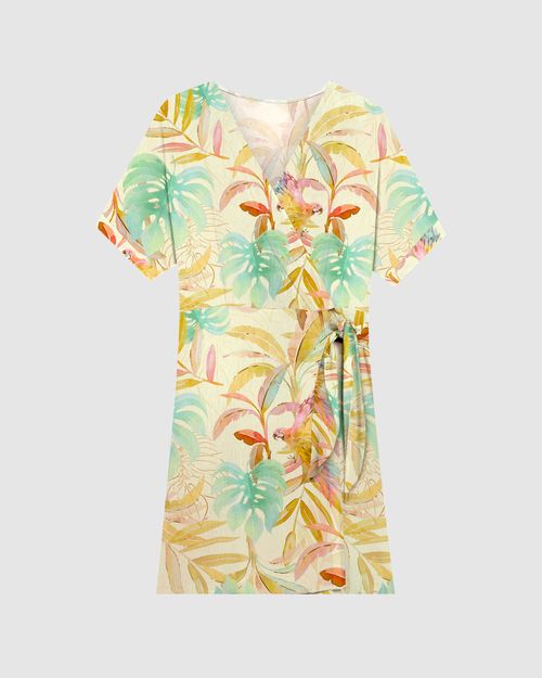 Vestido Feminino Transpassado Folhagem Em Viscose