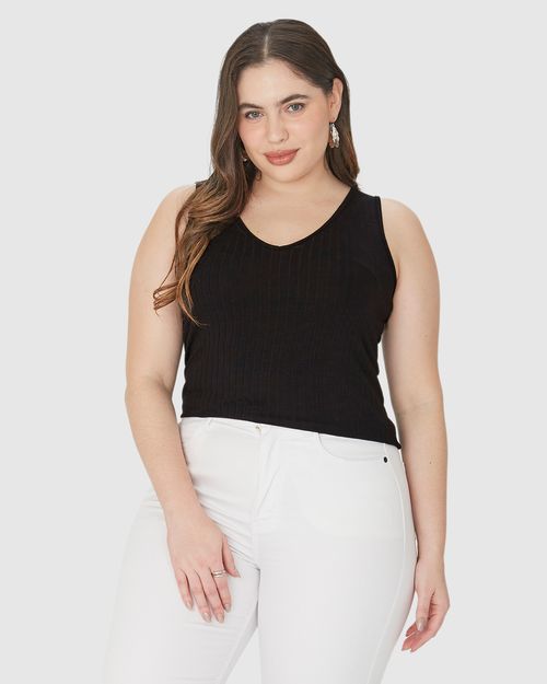 Regata Básica Feminina Plus Size Decote V Em Canelado De Viscose