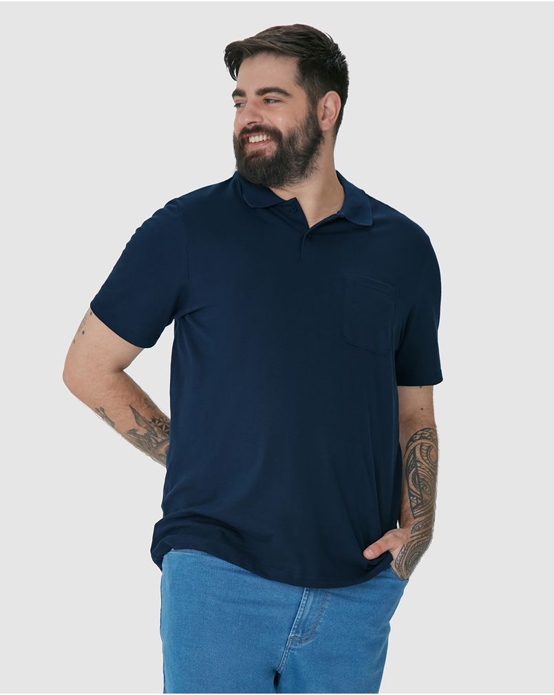 Camisa Polo Básica Masculina Plus Size Bolso Frontal Em Piquet