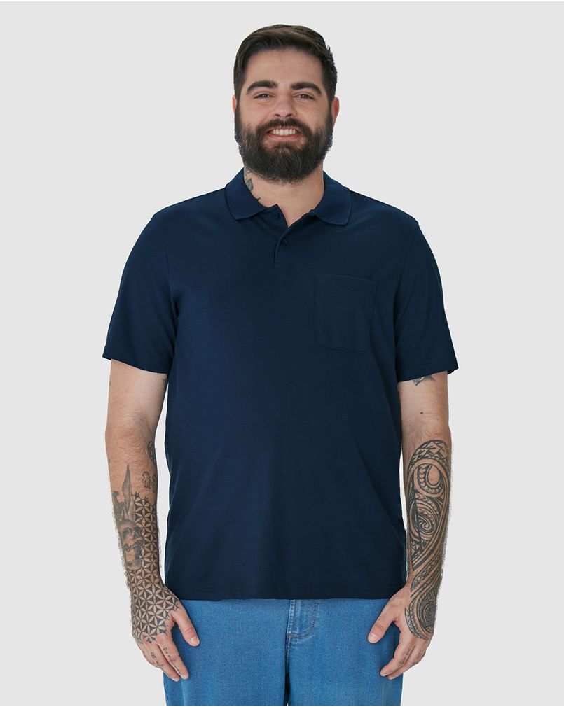 Camisa Polo Básica Masculina Plus Size Bolso Frontal Em Piquet