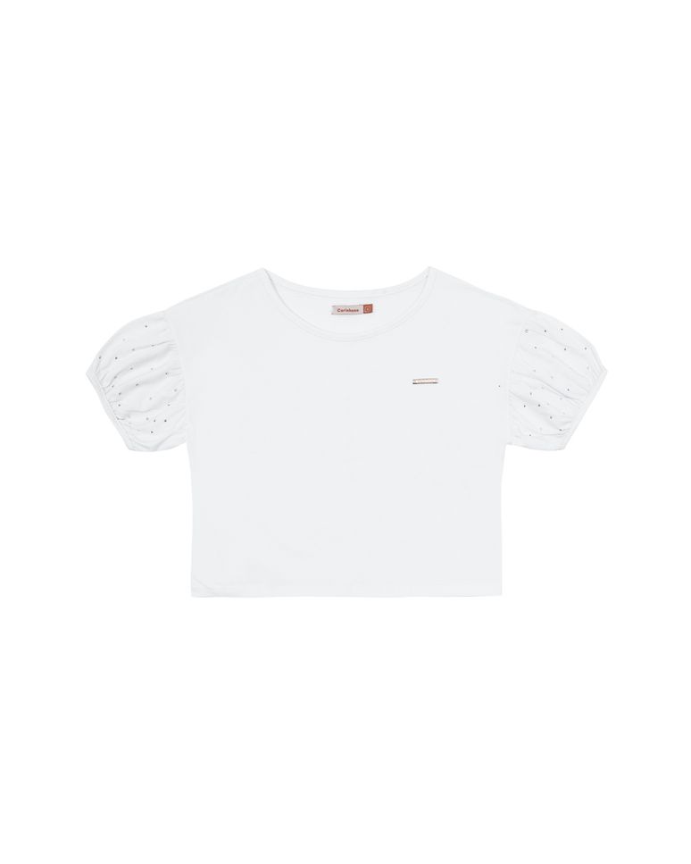 Blusa Menina Cropped Manga Com Strass Em Algodão - Carinhoso