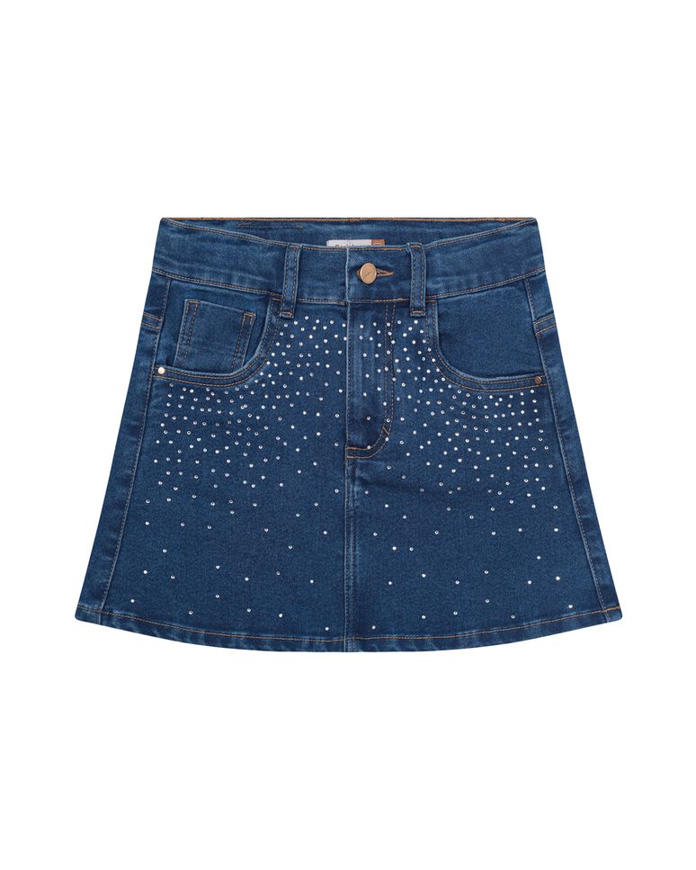 Saia Menina Com Strass Em Jeans Com Elastano - Carinhoso