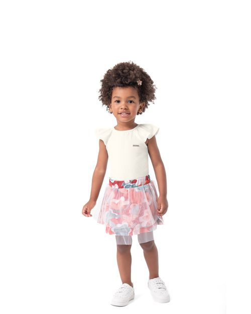 Conjunto Menina Saia Tule Sobreposto Em Algodão - Carinhoso