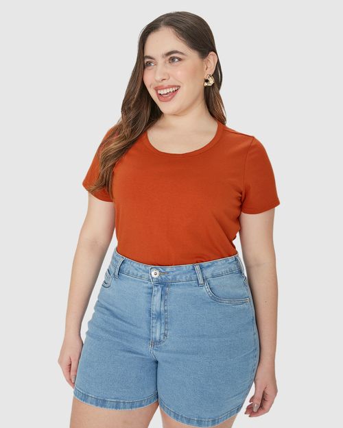 Blusa Básica Feminina Plus Size Decote Redondo Em Algodão