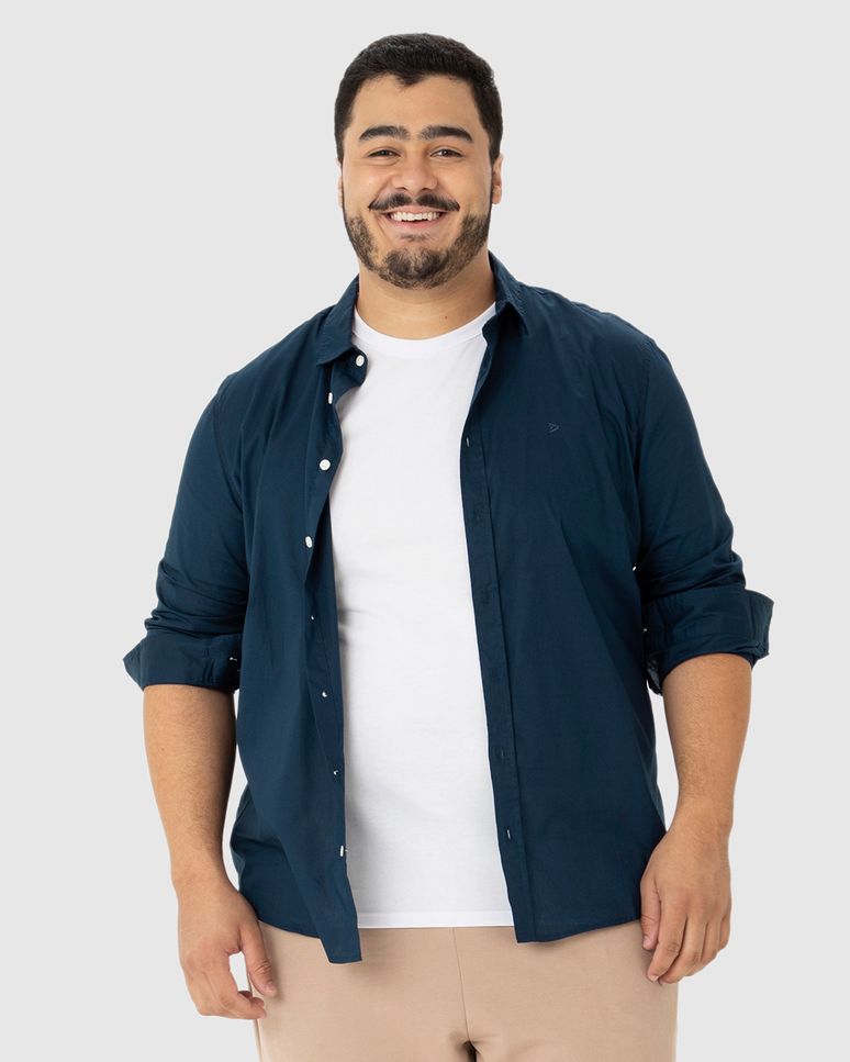 Camisa Regular Masculina Plus Size Manga Longa Em Tricoline