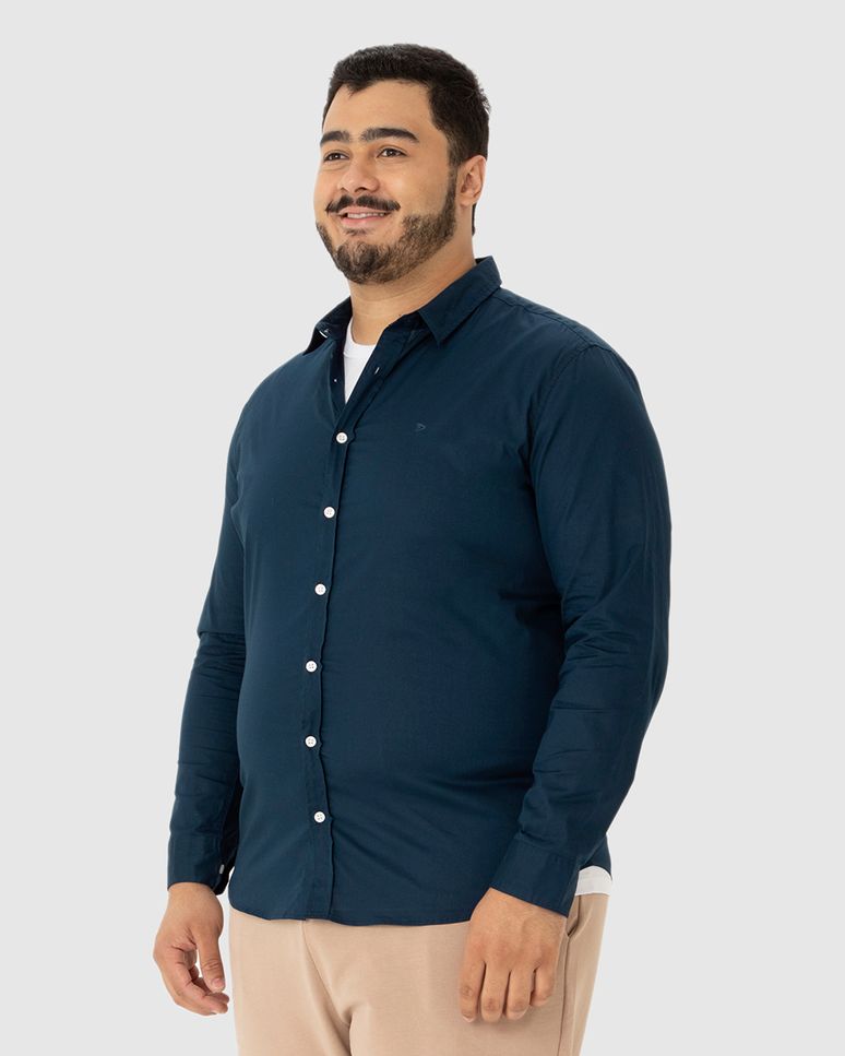 Camisa Regular Masculina Plus Size Manga Longa Em Tricoline