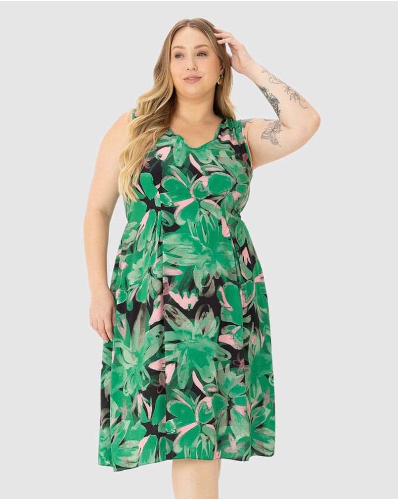 Vestido Feminino Plus Size Evasê Acinturado Em Viscose PRETO Malwee