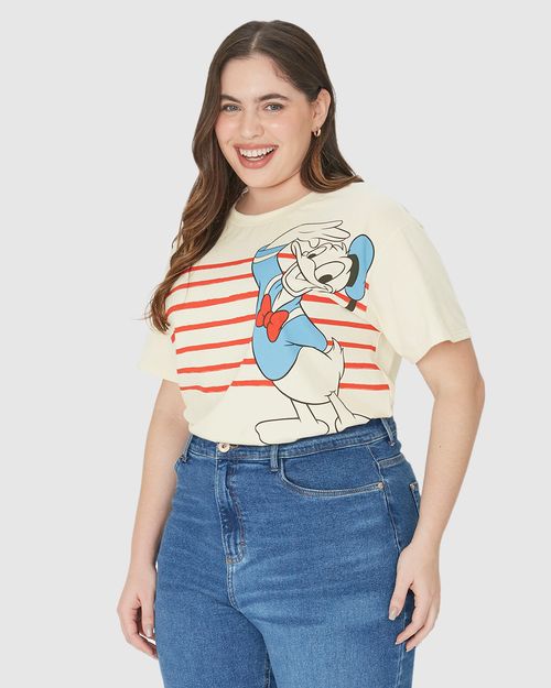 Camiseta Feminina Plus Size Listras Pato Donald Em Algodão