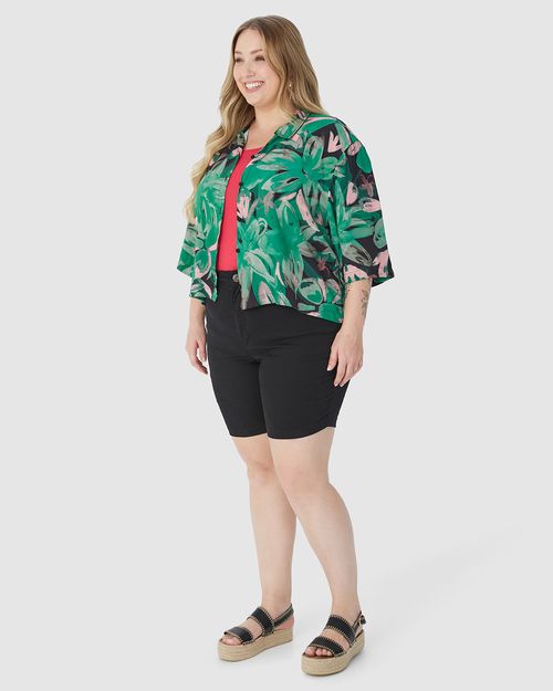 Camisa Feminina Plus Size Estampa Folhagem Em Viscose