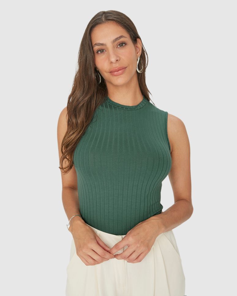 Regata Básica Feminina Gola Alta Em Canelado De Viscose