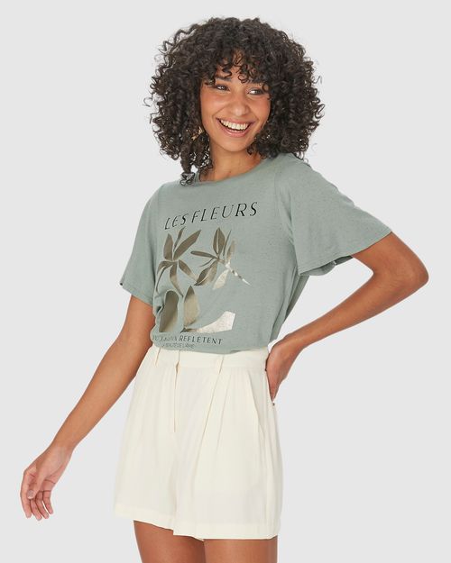 Camiseta Ampla Feminina Estampa Efeito Metalizado Em Algodão