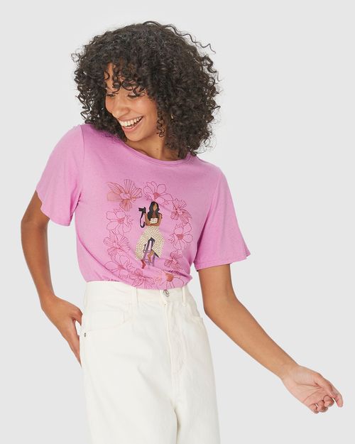 Camiseta Ampla Feminina Estampa Efeito Metalizado Em Algodão