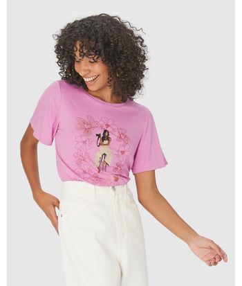Camiseta Ampla Feminina Estampa Efeito Metalizado Em Algodão