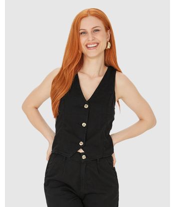 Colete Feminino Cropped Alfaiataria Em Sarja 100% Algodão
