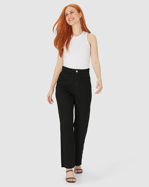 Calça Straight Cropped Feminina Barra Corte A Fio Em Sarja Com Elastano