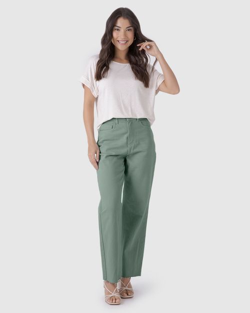 Calça Straight Cropped Feminina Barra Corte A Fio Em Sarja Com Elastano