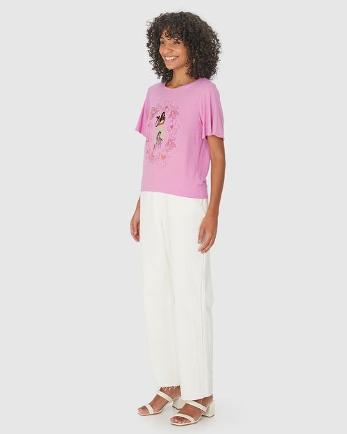 Camiseta Ampla Feminina Estampa Efeito Metalizado Em Algodão