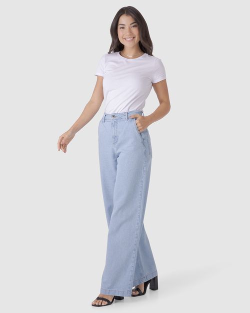 Calça Wide Leg Feminina Com Listras Em Jeans 100% Algodão