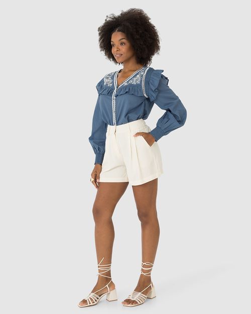 Camisa Feminina Manga Longa Com Babados Em Tricoline