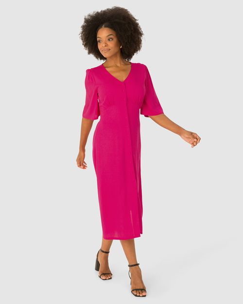 Vestido Midi Feminino Abotoamento Frontal Em Viscolinho