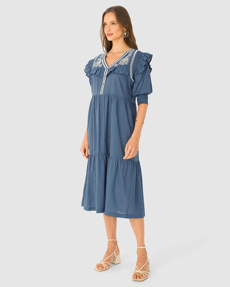 Vestido Midi Feminino Manga 3/4 Com Babados Em Tricoline