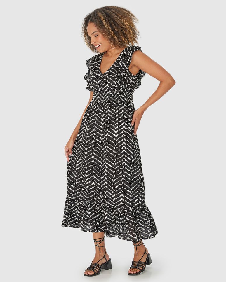 Vestido Midi Feminino Babado Frente E Costas Em Algodão Bordado