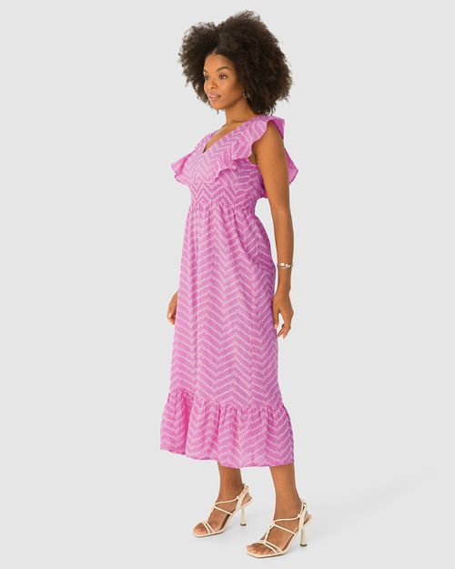 Vestido Midi Feminino Babado Frente E Costas Em Algodão Bordado