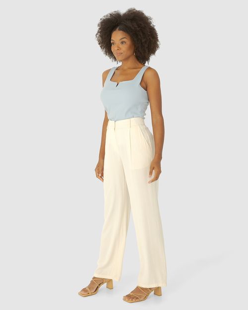 Calça Reta Feminina Bolso Faca Em Viscose Sarjada